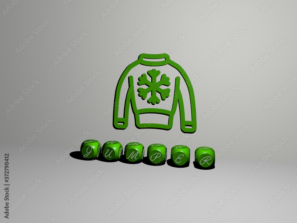 Poster 3d graphical image of jumper vertically along with text built by metallic cubic letters from the top