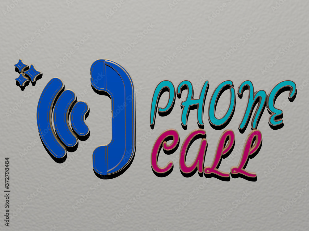Poster 3d representation of phone call with icon on the wall and text arranged by metallic cubic letters on