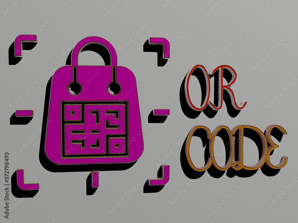 Poster 3d representation of qr code with icon on the wall and text arranged by metallic cubic letters on a 