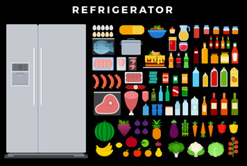 Refrigerator vector flat set with eggs, fish, meat, sausages, berries, cake, fruit, vegetables, milk, wine, juice, yogurt, honey, canned goods, cheese, shrimp, sauces on dark background
