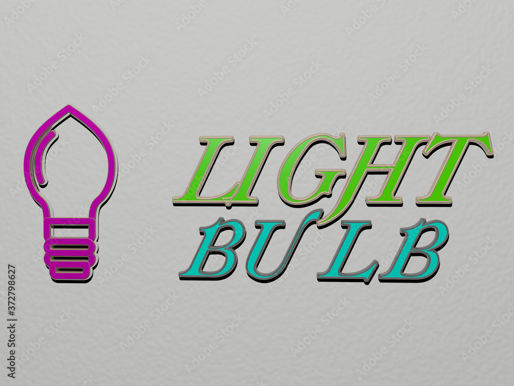 Poster 3d illustration of light bulb graphics and text made by metallic dice letters for the related meanin