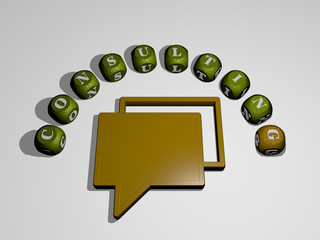consulting icon surrounded by the text of individual letters, 3D illustration for business and concept