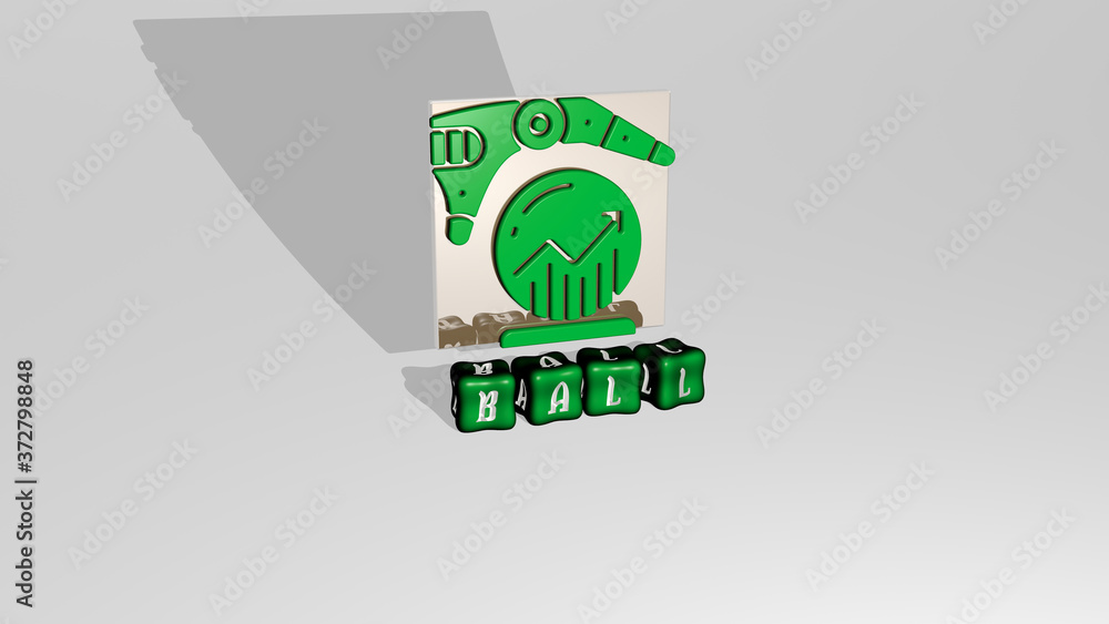 Poster 3d graphical image of ball vertically along with text built by metallic cubic letters from the top p