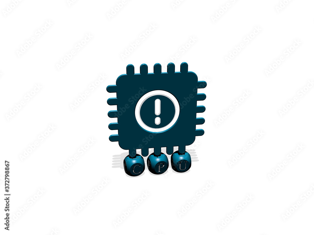 Poster cpu cubic letters with 3d icon on the top, 3d illustration for computer and background