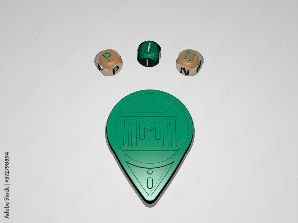 Poster pin circular text of separate letters around the 3d icon, 3d illustration for map and background