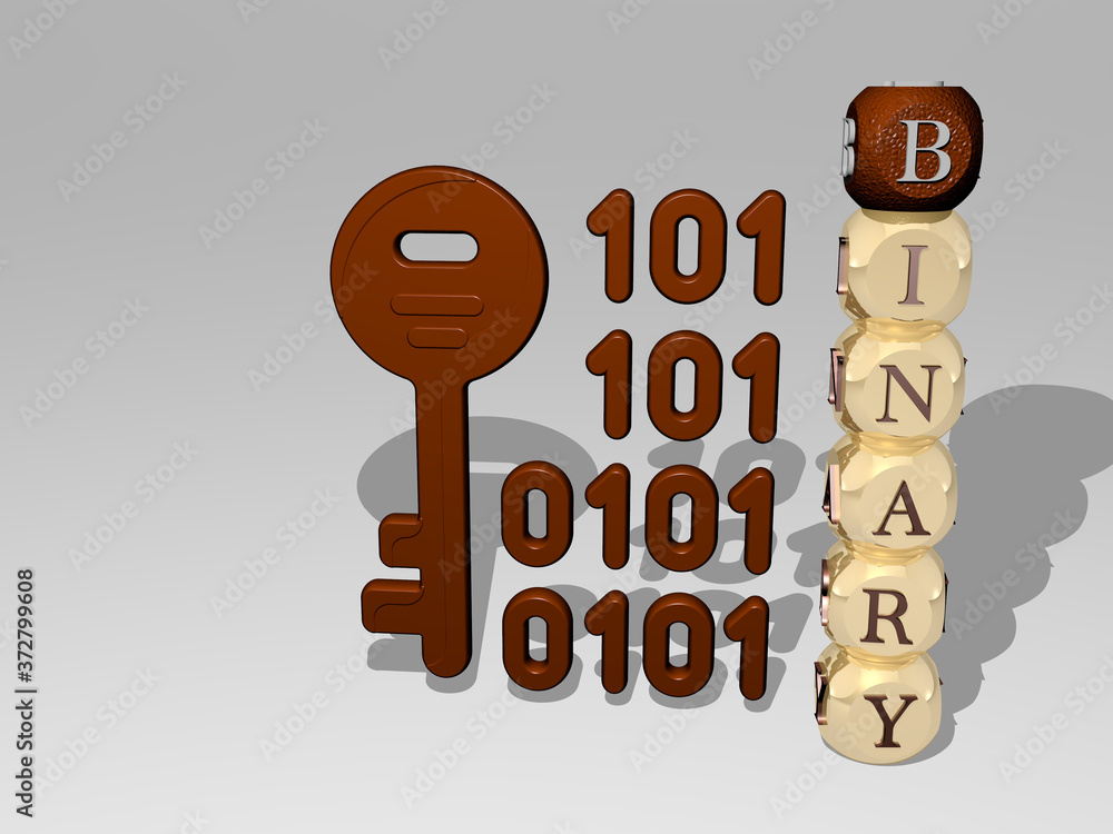 Poster binary 3d icon beside the vertical text of individual letters, 3d illustration for background and co