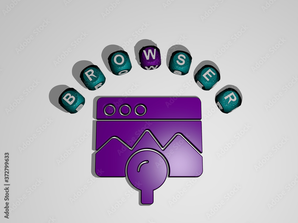 Poster browser icon surrounded by the text of individual letters, 3d illustration for computer and business