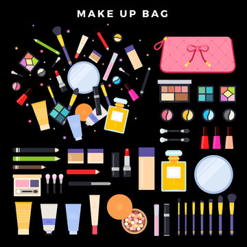 Eye shadow, lipstick, powder, nail polish, mascara, foundation, mirror, brushes, eyeliner on dark background