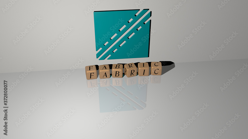 Aufkleber fabric text of cubic dice letters on the floor and 3d icon on the wall, 3d illustration for backgrou