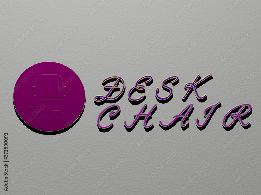 Poster 3D graphical image of desk chair vertically along with text built by metallic cubic letters from the top perspective, excellent for the concept presentation and slideshows for business and background