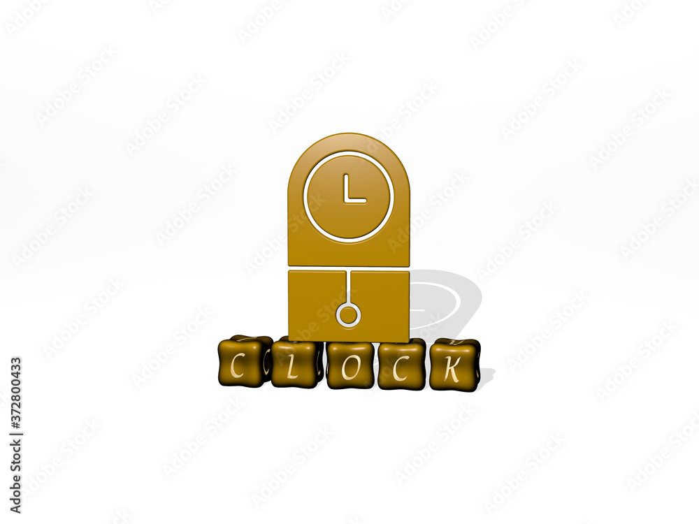 Aufkleber clock 3d icon object on text of cubic letters, 3d illustration for background and alarm