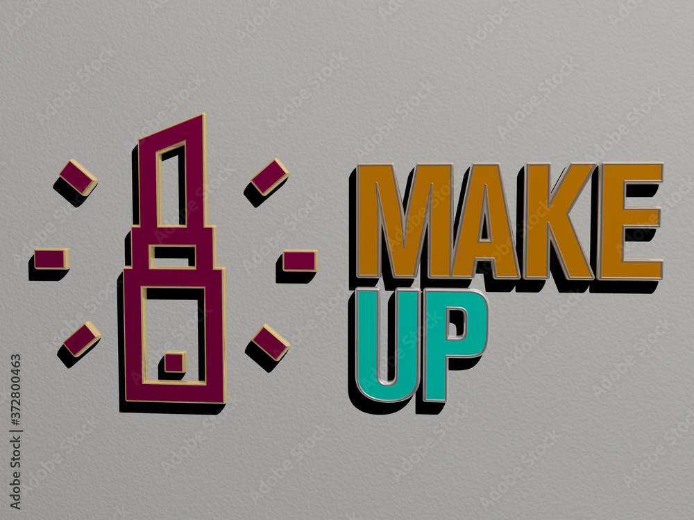 Poster 3d graphical image of make up vertically along with text built by metallic cubic letters from the to
