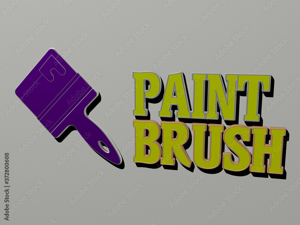 Poster 3d representation of paint brush with icon on the wall and text arranged by metallic cubic letters o