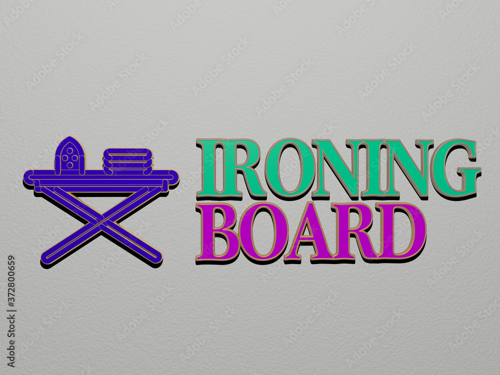 Poster 3d representation of ironing board with icon on the wall and text arranged by metallic cubic letters