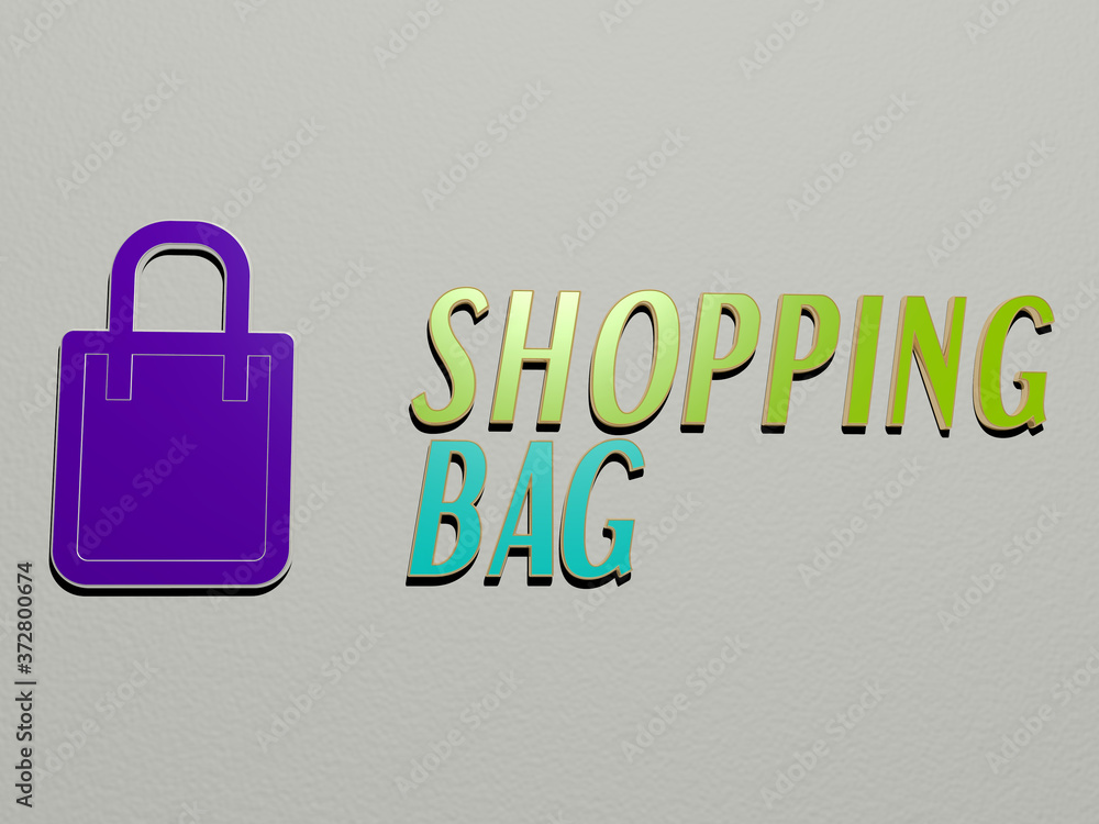 Poster 3d graphical image of shopping bag vertically along with text built by metallic cubic letters from t