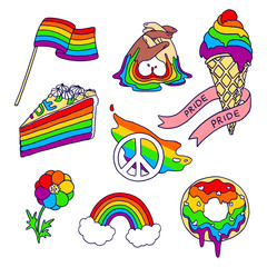 Rainbow equality sticker set on white isolated backdrop. LGBTQ symbols for invitation or gift card, notebook, bath tile, scrapbook. Phone case or cloth print. Doodle style stock vector illustration