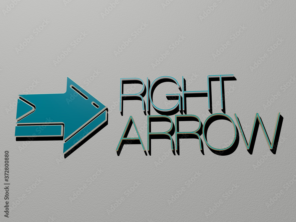 Poster 3d graphical image of right arrow vertically along with text built by metallic cubic letters from th