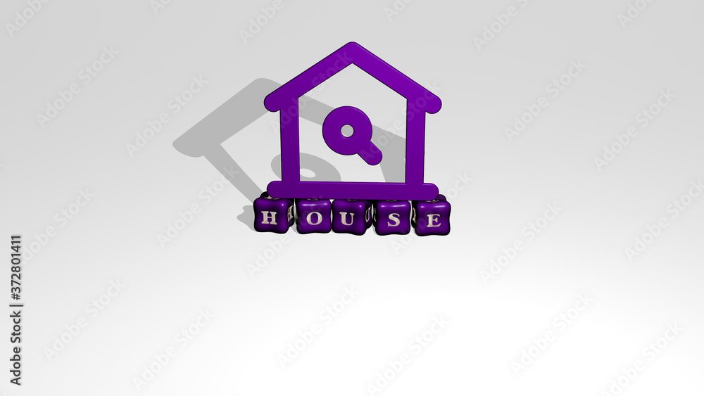 Aufkleber house 3d icon object on text of cubic letters, 3d illustration for building and architecture