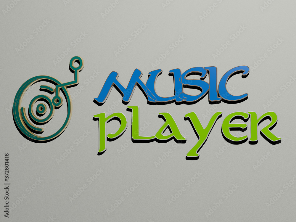 Poster 3d illustration of music player graphics and text made by metallic dice letters for the related mean