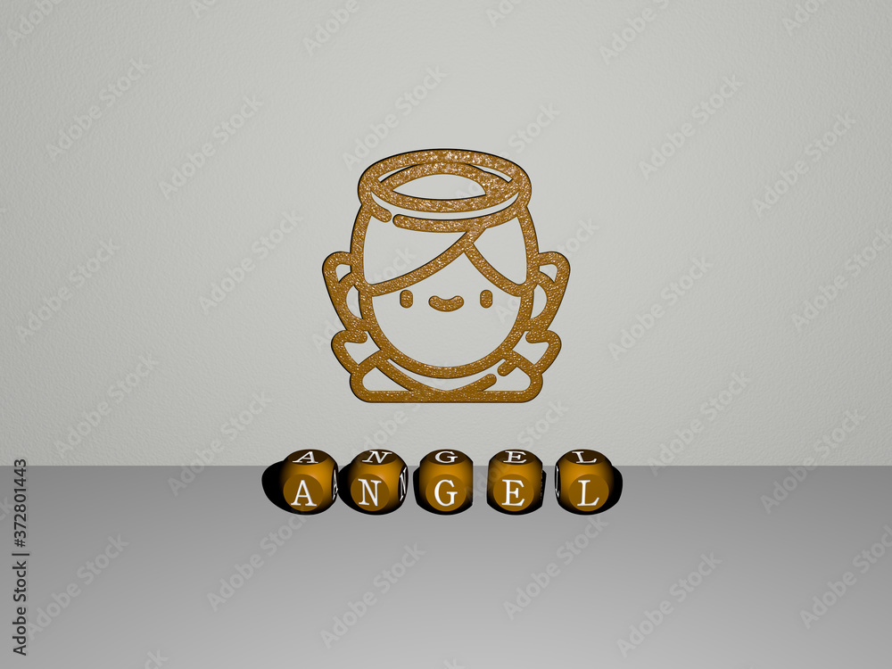 Poster 3d representation of angel with icon on the wall and text arranged by metallic cubic letters on a mi