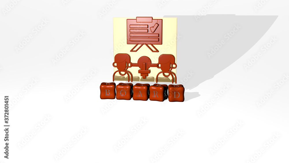 Poster 3d representation of board with icon on the wall and text arranged by metallic cubic letters on a mi