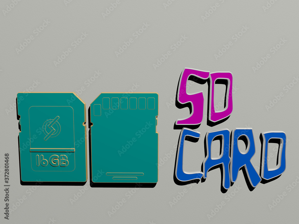 Poster 3d representation of sd card with icon on the wall and text arranged by metallic cubic letters on a 