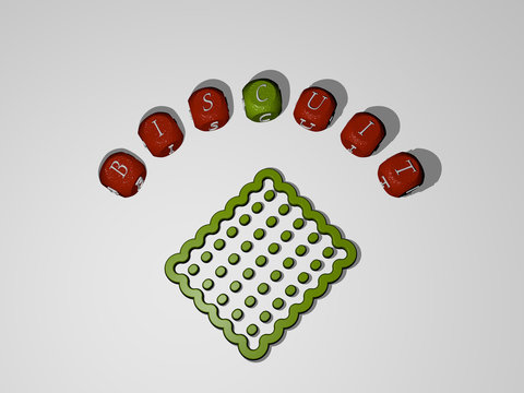 biscuit icon surrounded by the text of individual letters, 3D illustration for background and cake