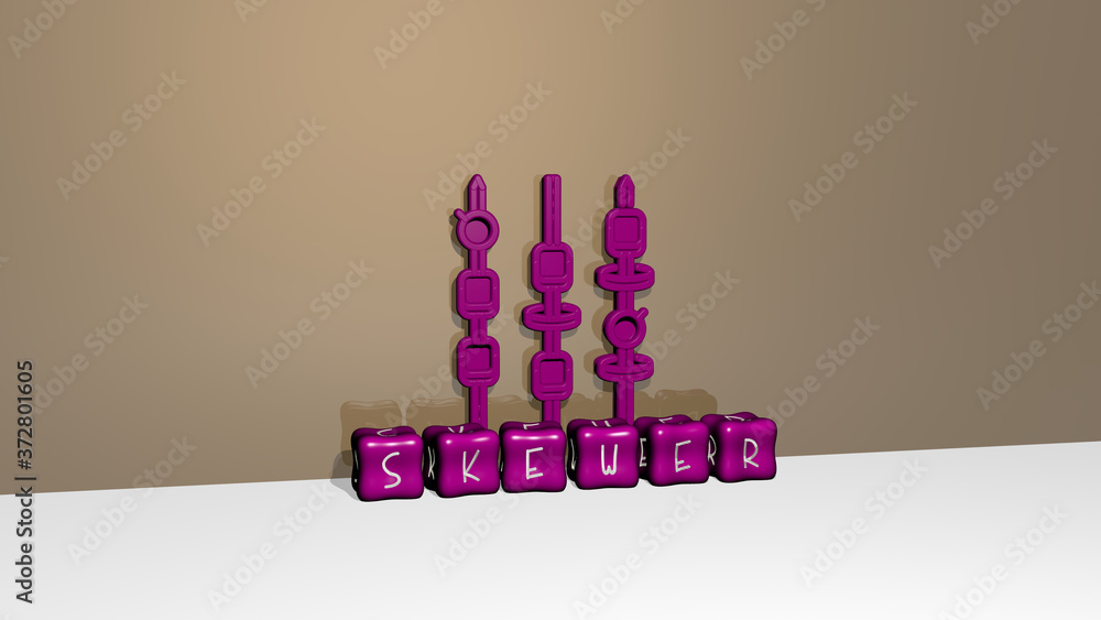 Poster 3d illustration of skewer graphics and text made by metallic dice letters for the related meanings o