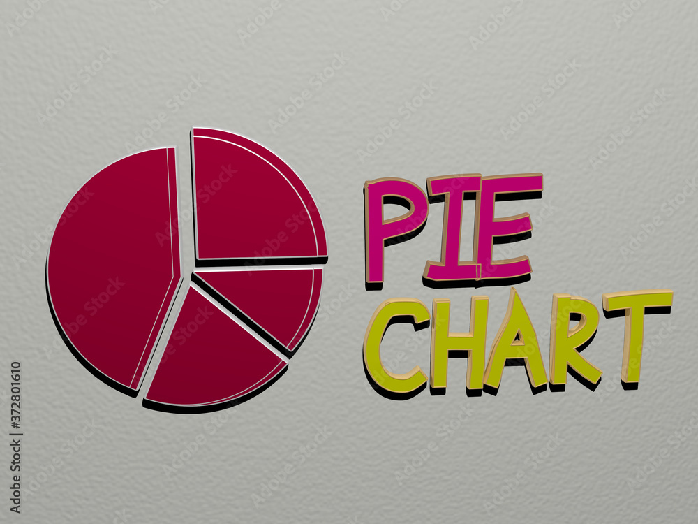 Poster 3d illustration of pie chart graphics and text made by metallic dice letters for the related meaning