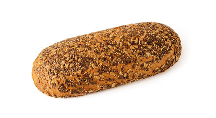 Loaf of tasty bread with seeds isolated on white background. Whole wheat bread with flax, sunflower, poppy and sesame seeds. Baking of dough. Healthy eating.