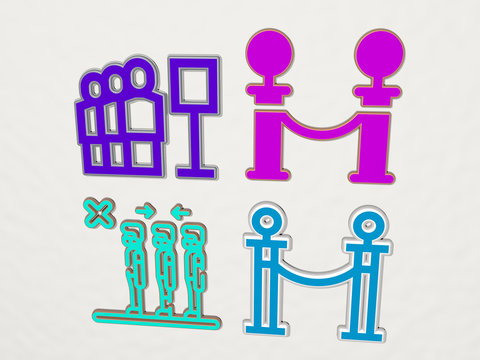 QUEUE 4 icons set, 3D illustration for people and waiting