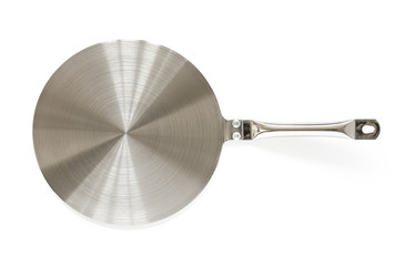 Stainless steel heat diffuser plate isolated on white background. Kitchen appliance for induction...