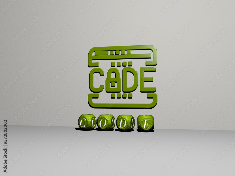 Poster code 3d icon on the wall and text of cubic alphabets on the floor, 3d illustration for background an