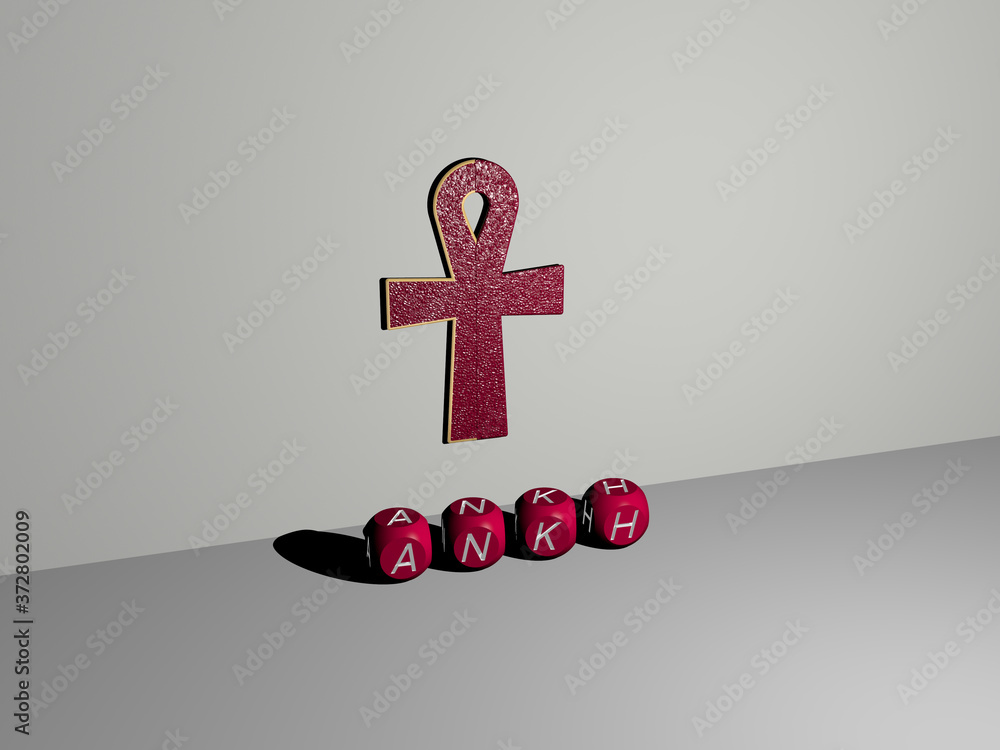 Poster 3d representation of ankh with icon on the wall and text arranged by metallic cubic letters on a mir