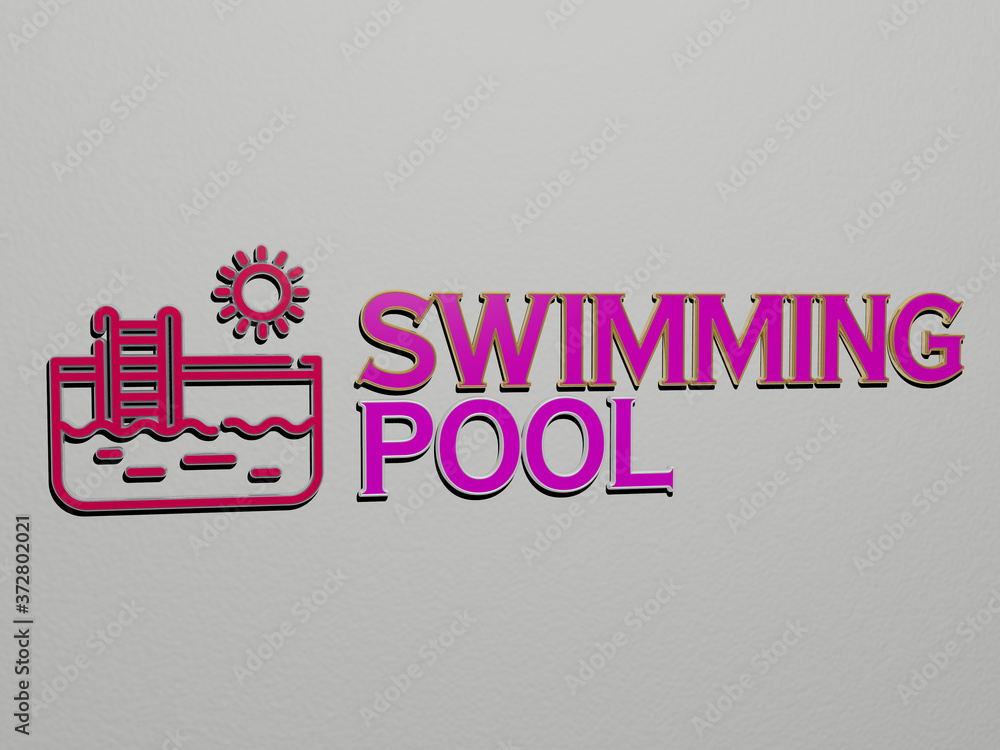 Poster 3d representation of swimming pool with icon on the wall and text arranged by metallic cubic letters