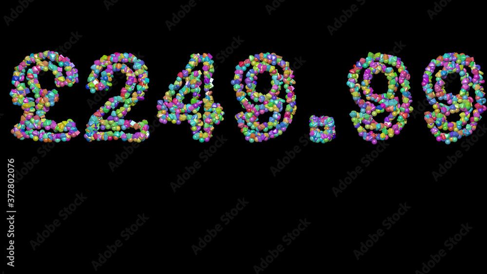 Poster colorful 3d writing of £249 text with small objects over a dark background and matching shadow