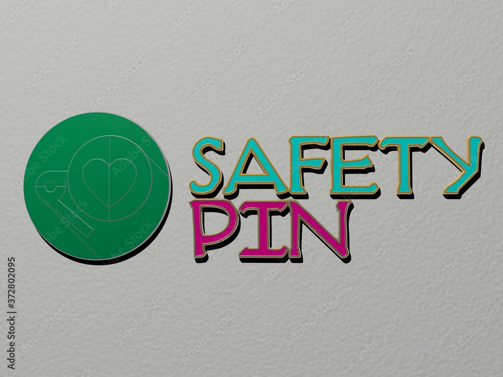 Poster 3d illustration of safety pin graphics and text made by metallic dice letters for the related meanin