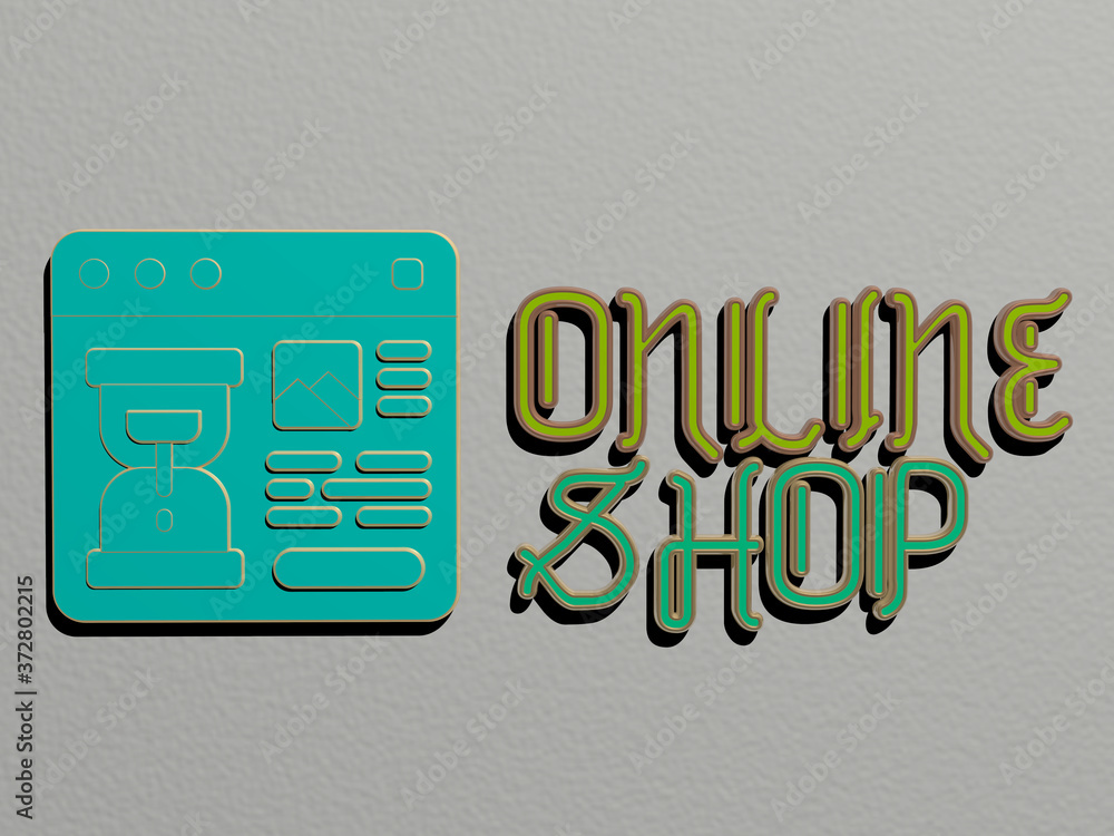 Poster 3d representation of online shop with icon on the wall and text arranged by metallic cubic letters o