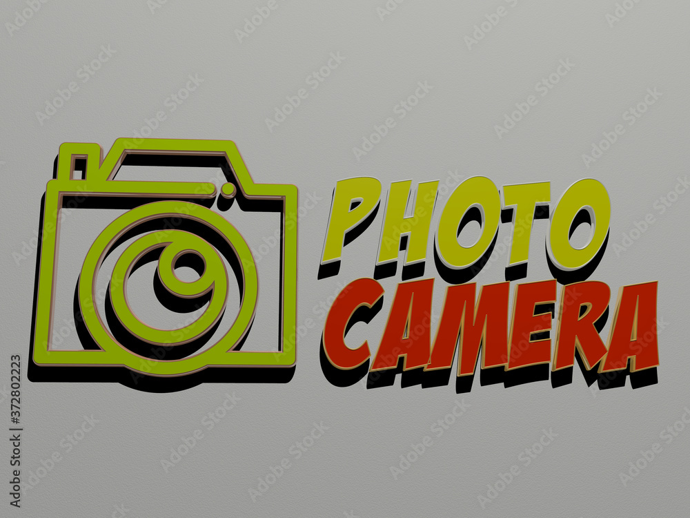Poster 3d illustration of photo camera graphics and text made by metallic dice letters for the related mean