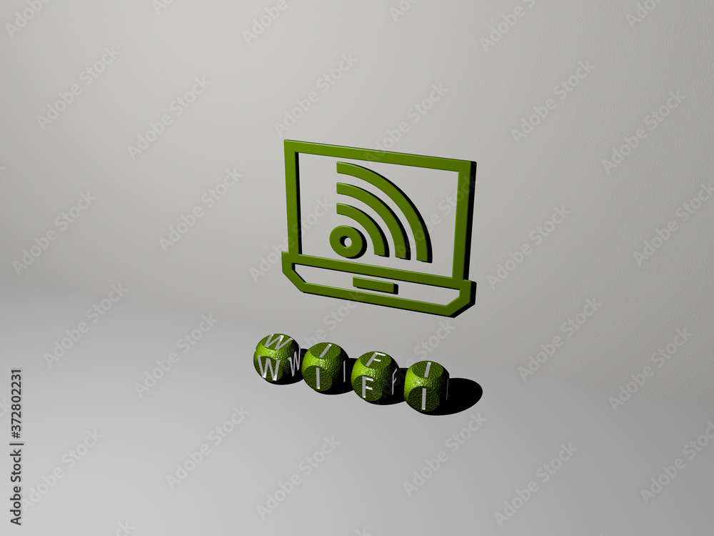 Poster wifi 3d icon on the wall and text of cubic alphabets on the floor, 3d illustration for internet and 