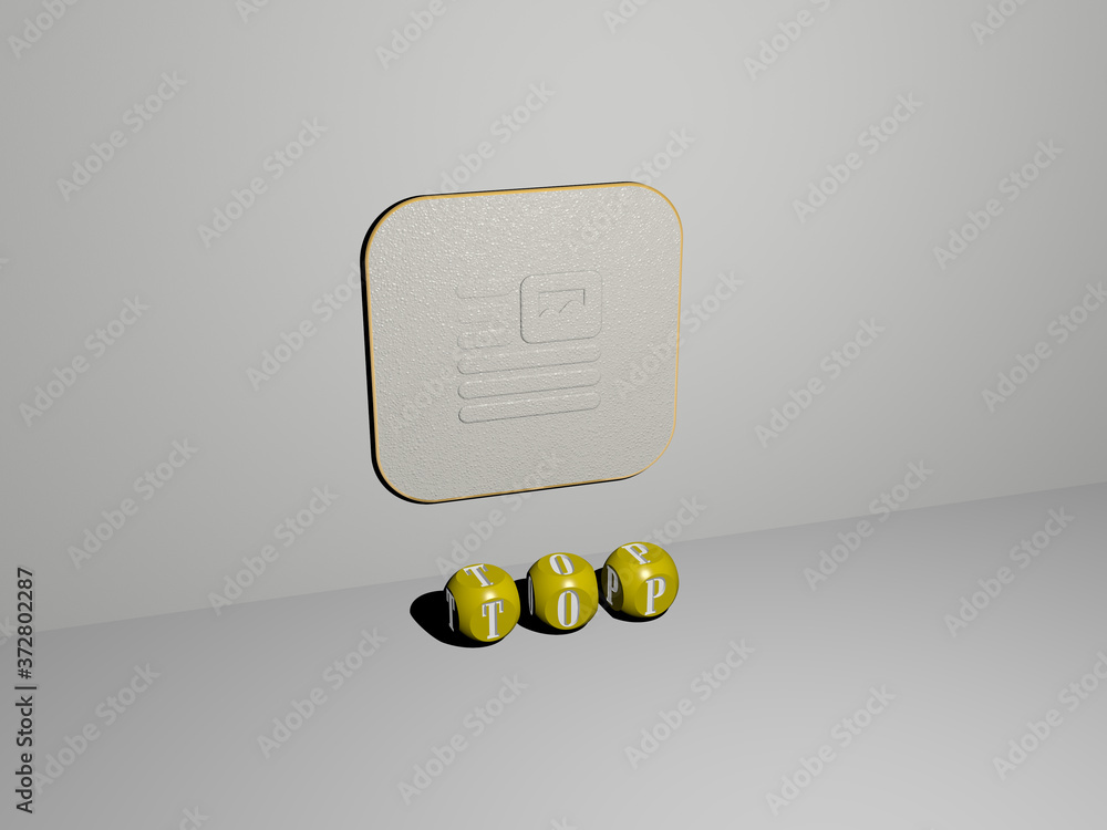Poster 3d representation of top with icon on the wall and text arranged by metallic cubic letters on a mirr