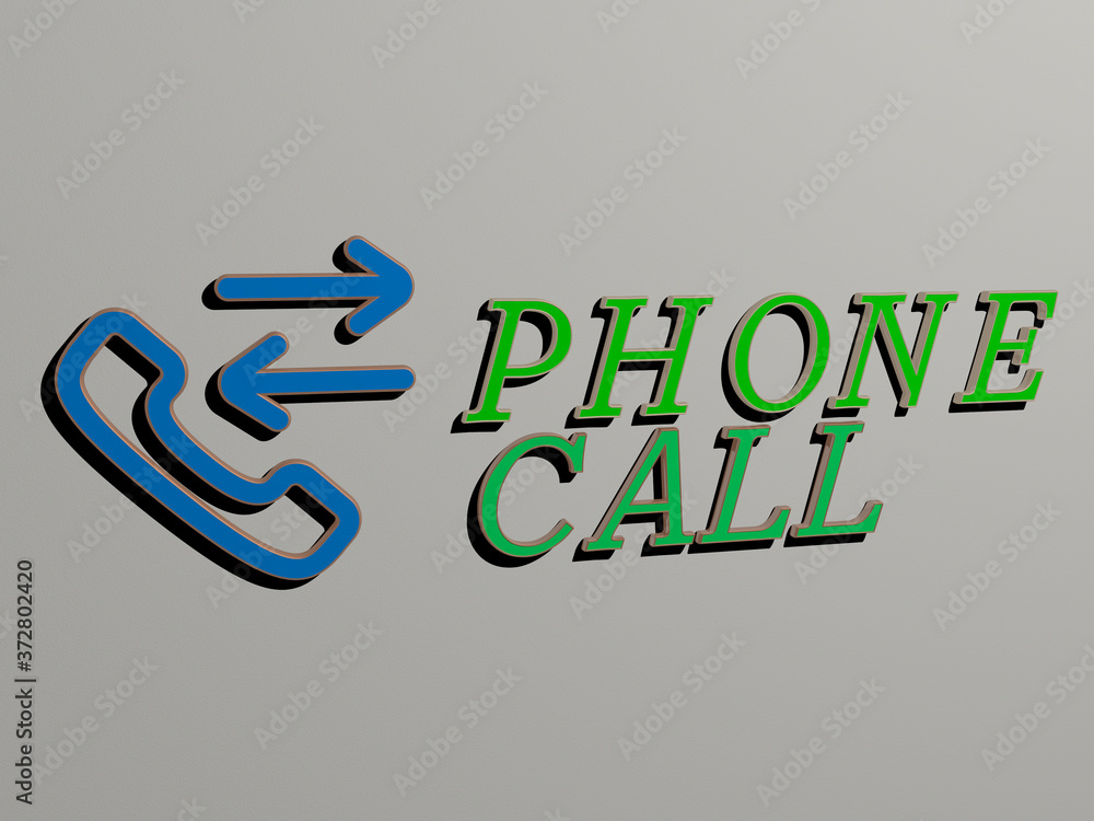 Poster 3d graphical image of phone call vertically along with text built by metallic cubic letters from the