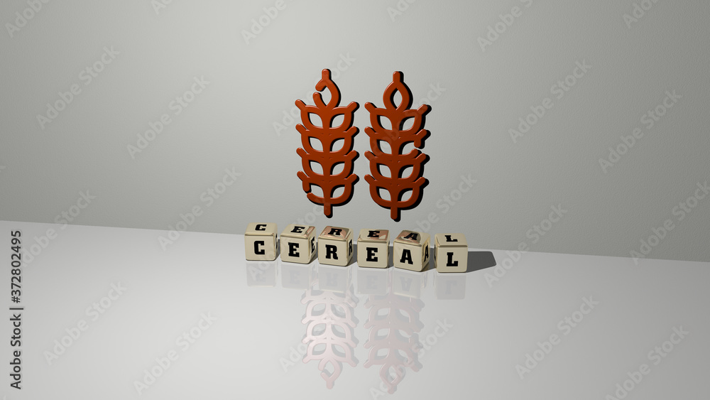 Poster cereal text of cubic dice letters on the floor and 3d icon on the wall, 3d illustration for backgrou