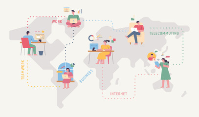 People from all over the world are networked and working. World map background.  flat design style minimal vector illustration.