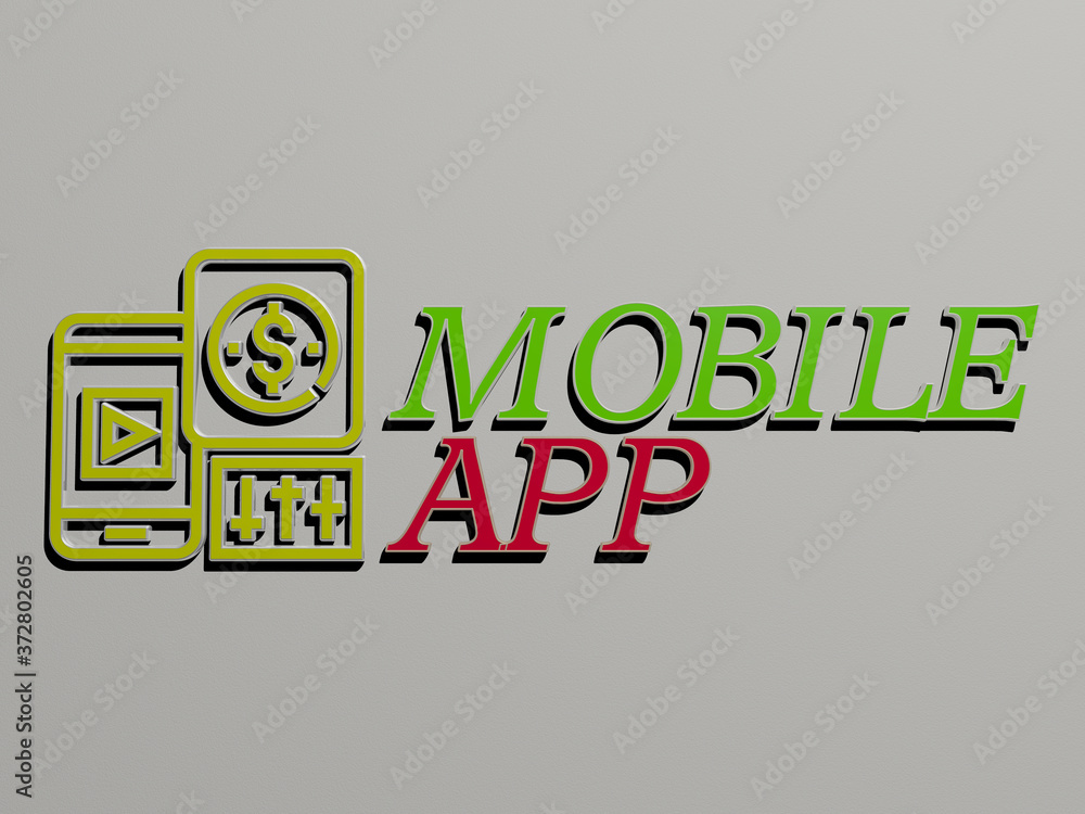 Poster 3d graphical image of mobile app vertically along with text built by metallic cubic letters from the