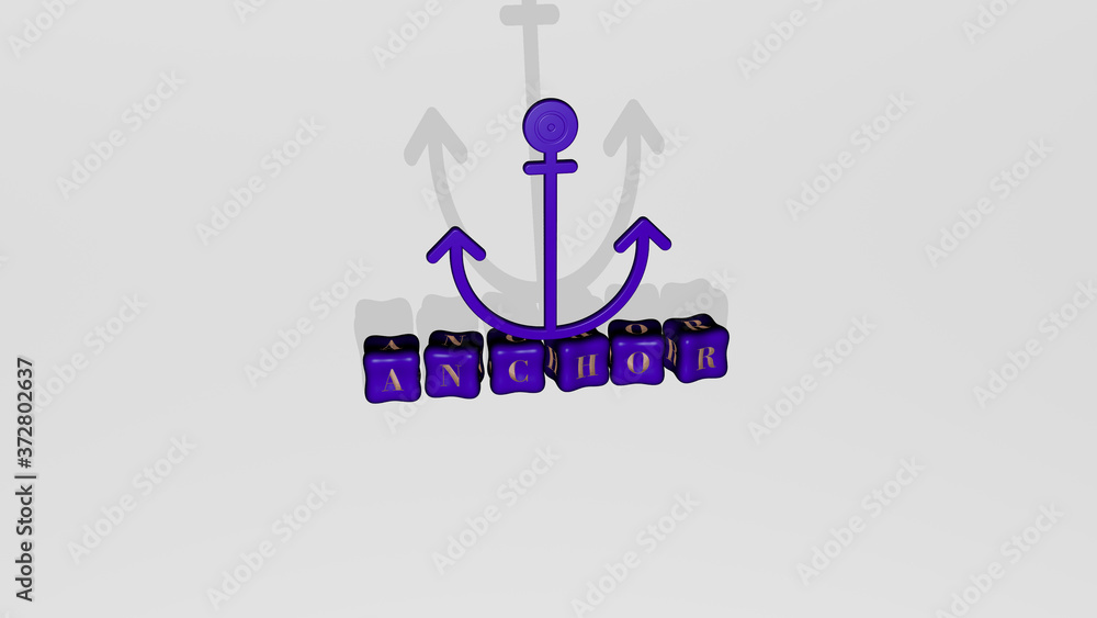 Poster anchor 3d icon object on text of cubic letters, 3d illustration for background and boat