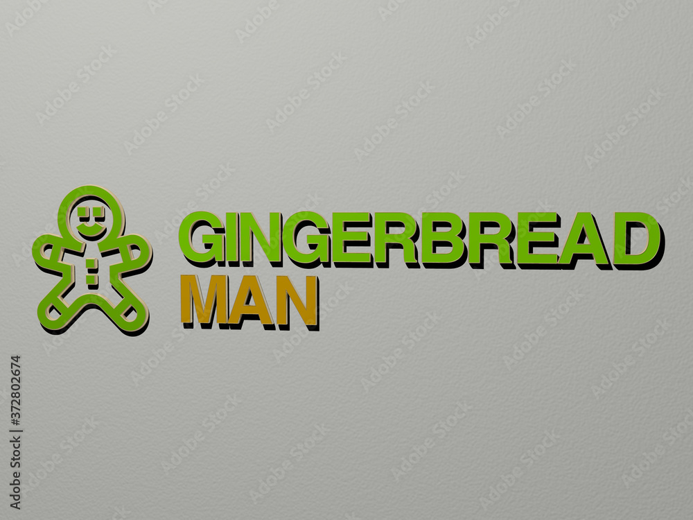 Poster 3d representation of gingerbread man with icon on the wall and text arranged by metallic cubic lette