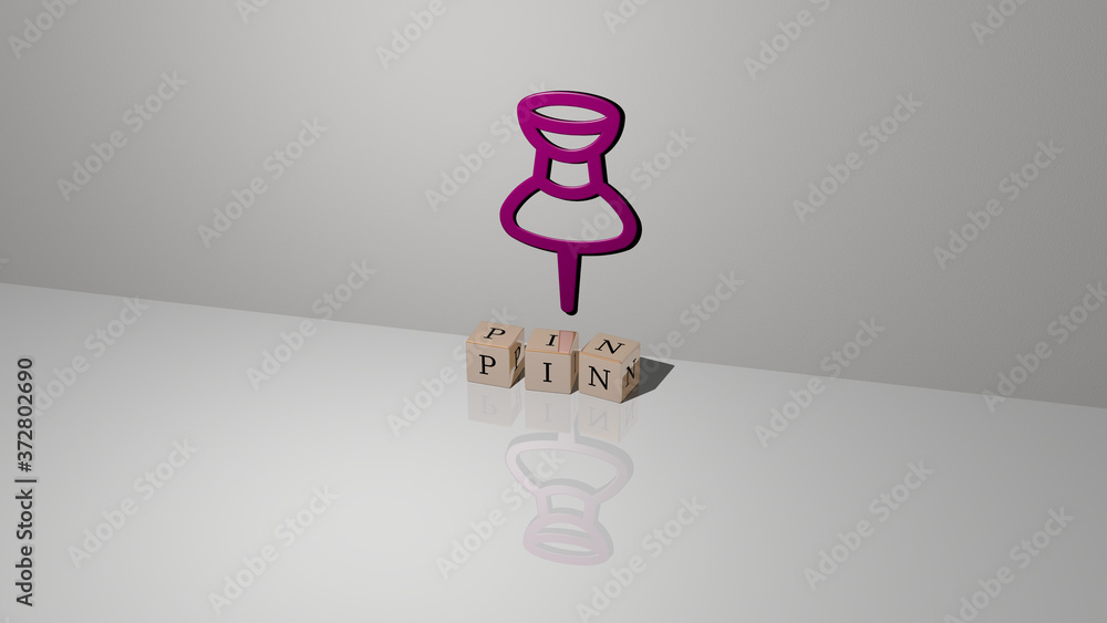 Poster pin text of cubic dice letters on the floor and 3d icon on the wall, 3d illustration for map and bac