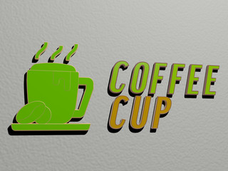 Naklejka premium 3D representation of coffee cup with icon on the wall and text arranged by metallic cubic letters on a mirror floor for concept meaning and slideshow presentation for background and cafe