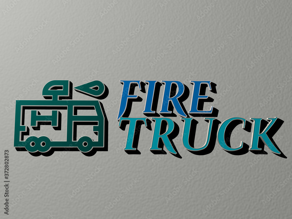 Aufkleber 3d representation of fire truck with icon on the wall and text arranged by metallic cubic letters on